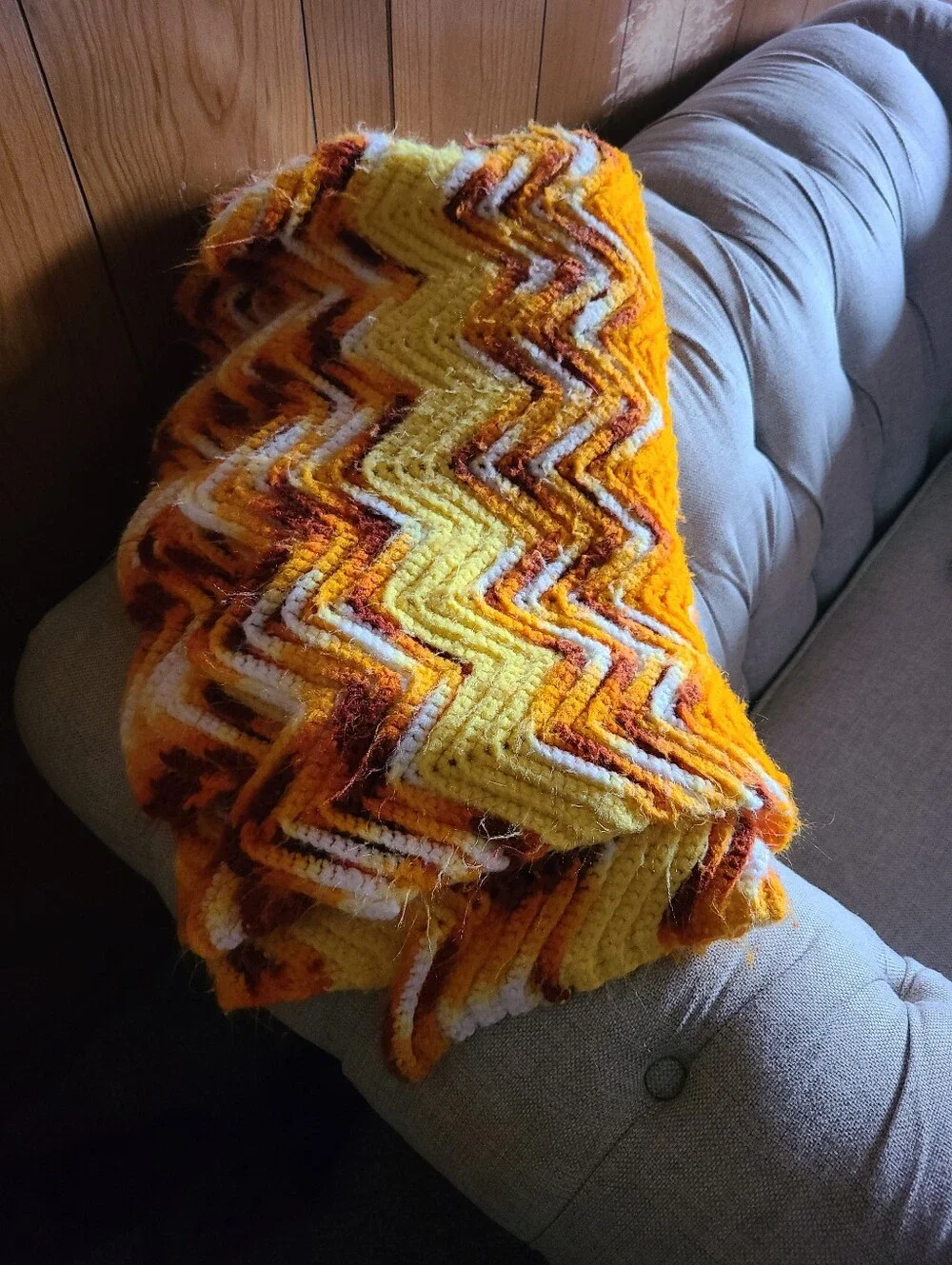 Handmade Chevron Knit Throw in Bright Yellow & Orange